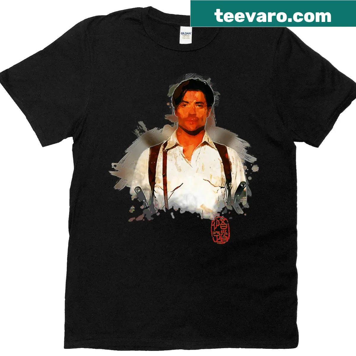 Watercolor illustration of Brendan Fraser on oversized T-shirt — on a men's t-shirt