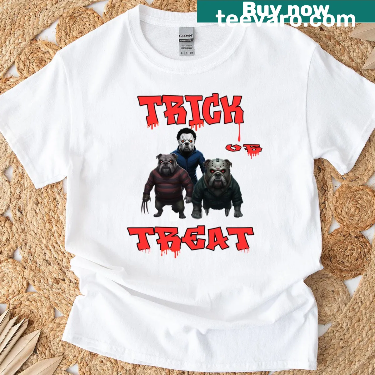 Oversized T-shirt with bulldogs dressed as horror movie villains. — on a men's t-shirt
