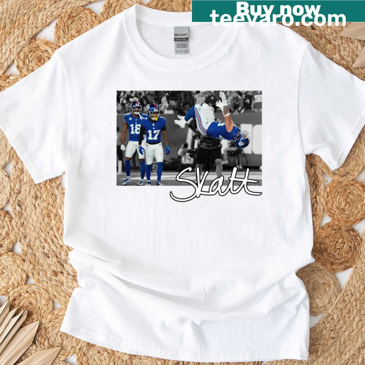 Illustration of Cam Skattebo performing a backflip on a t-shirt — on a men's t-shirt