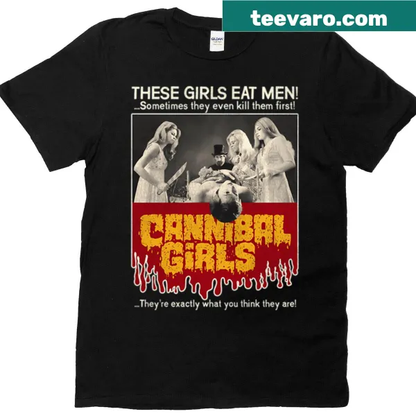 Vintage-style Cannibal Girls Eat Men t-shirt with cult film graphic