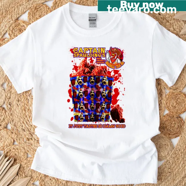 Humorous Captain Spaulding t-shirt with fried chicken and gasoline design