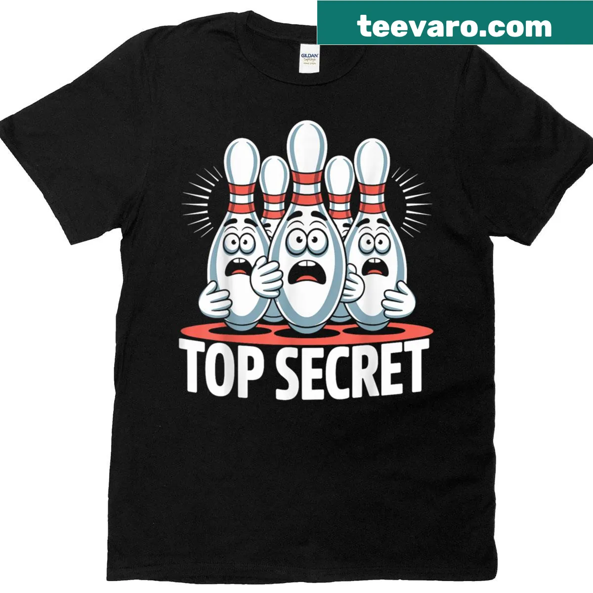Funny Halloween t-shirt with scared bowling pins cartoon graphic — on a men's t-shirt