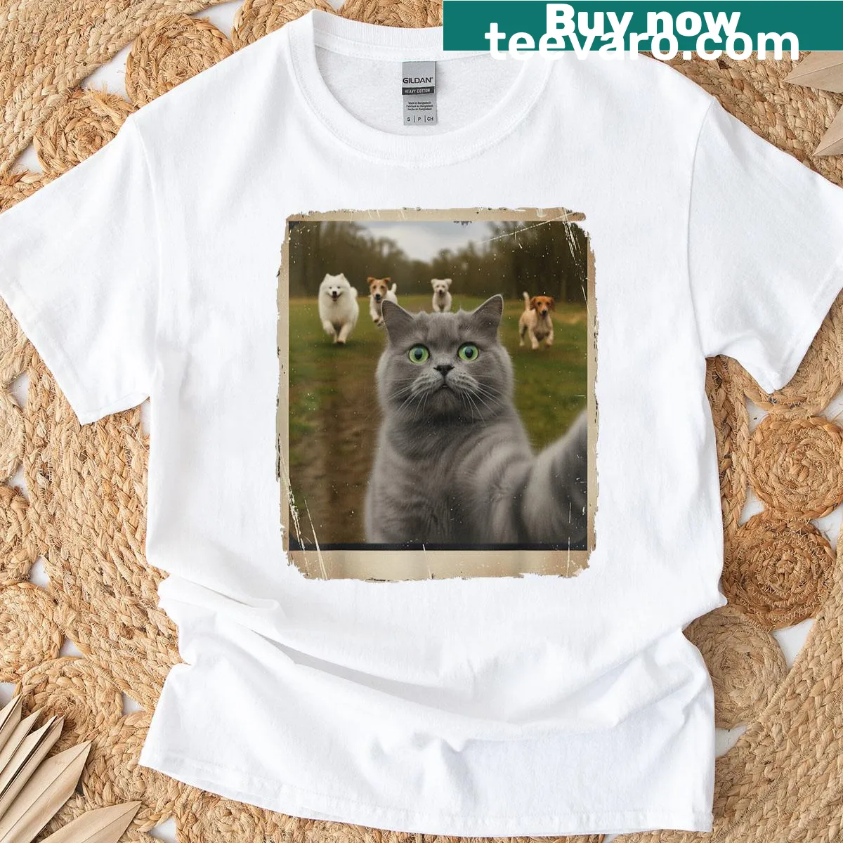 Funny cat and dog selfie graphic on a casual T-shirt — on a men's t-shirt