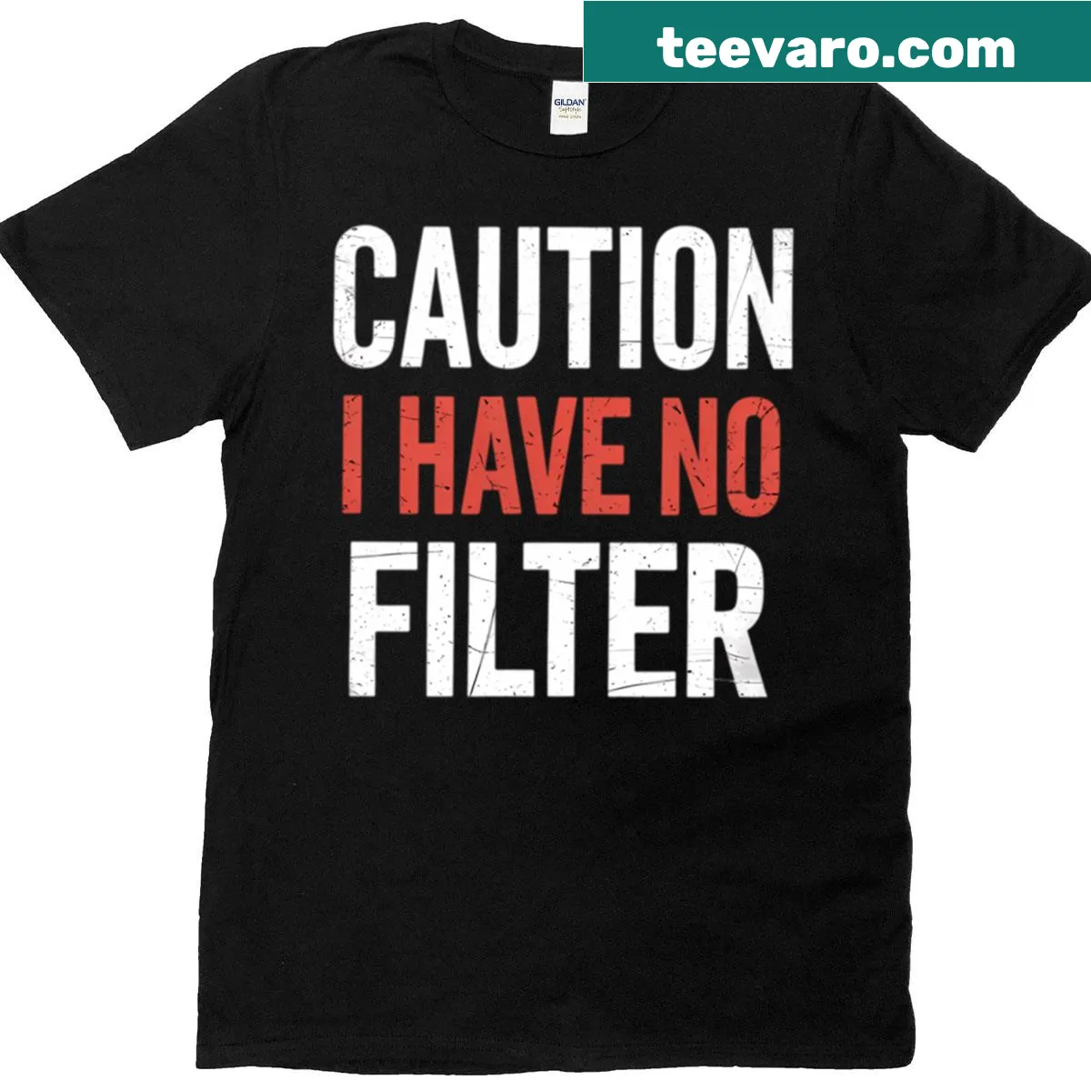 Funny t-shirt with humorous text stating 'Caution I Have No Filter' — on a men's t-shirt