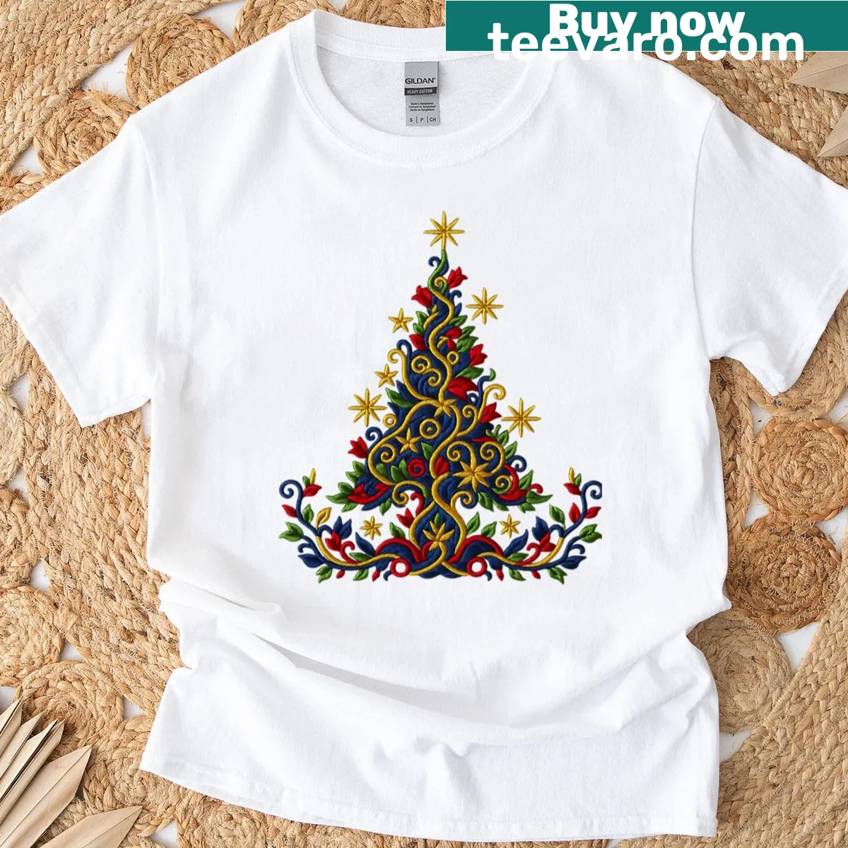 Christmas Decoration t-shirt featuring tree and stars design — on a men's t-shirt