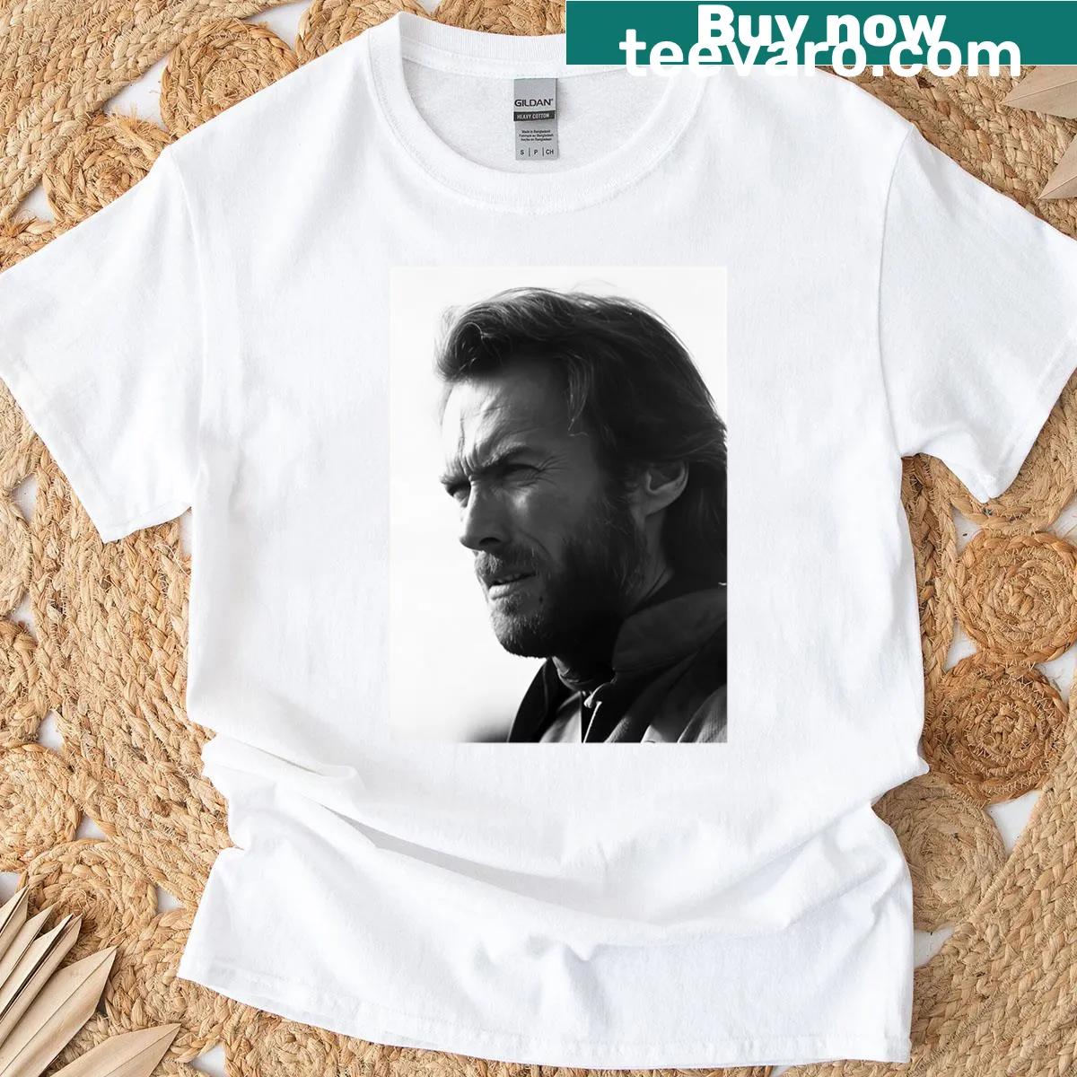 Realistic portrait of Clint Eastwood as Josey Wales on a T-shirt. — on a men's t-shirt