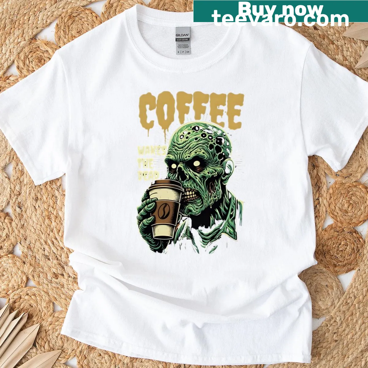 Funny T-shirt featuring zombies and coffee with a humorous design — on a men's t-shirt