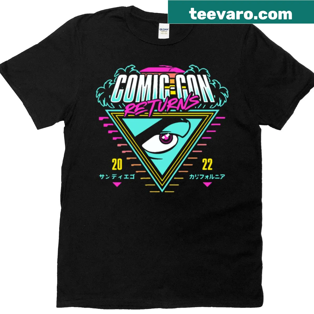 Synthwave eye graphic T-shirt inspired by comic culture — on a men's t-shirt