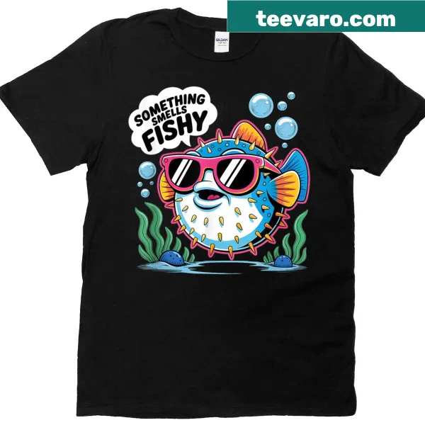 Funny fishing t-shirt with text 'Something Smells Fishy' and playful graphics