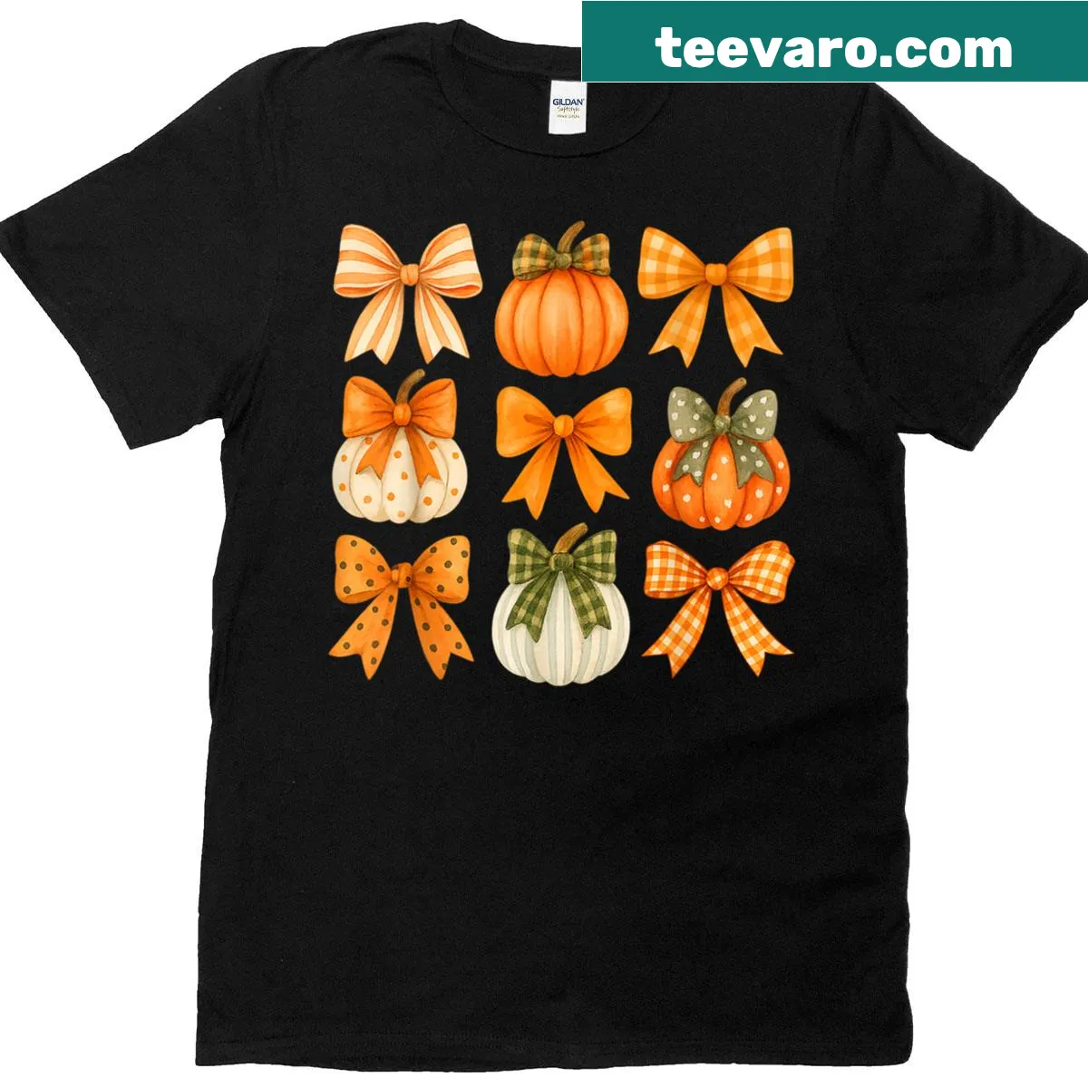 Autumn-themed t-shirt with bow and pumpkins design — on a men's t-shirt