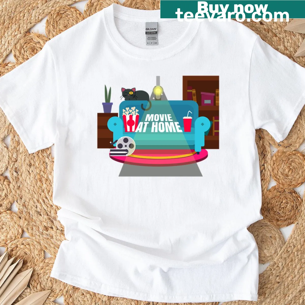 Cozy cat and popcorn graphic for movie night. — on a men's t-shirt