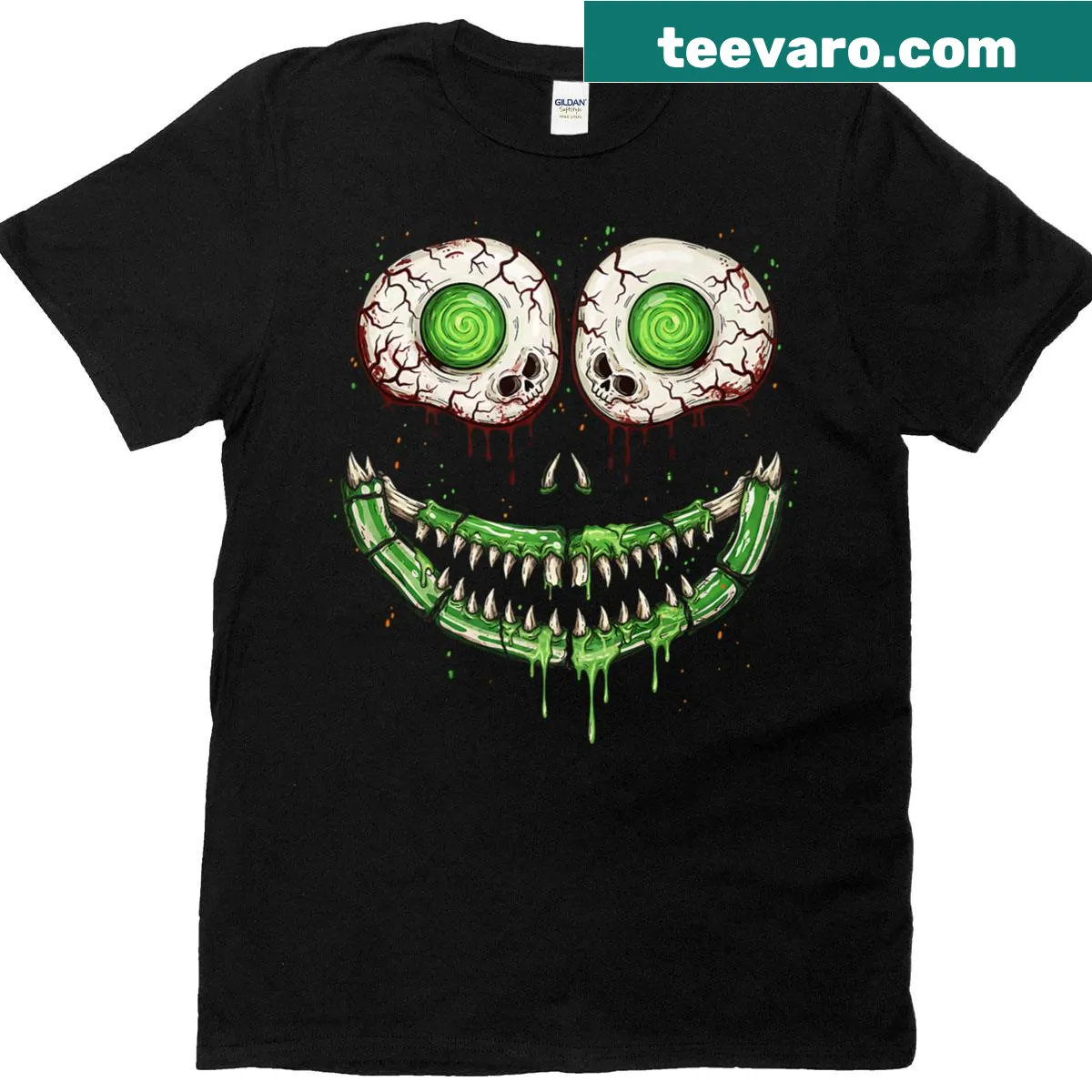 Spooky green face with breakfast items on Halloween T-shirt — on a men's t-shirt