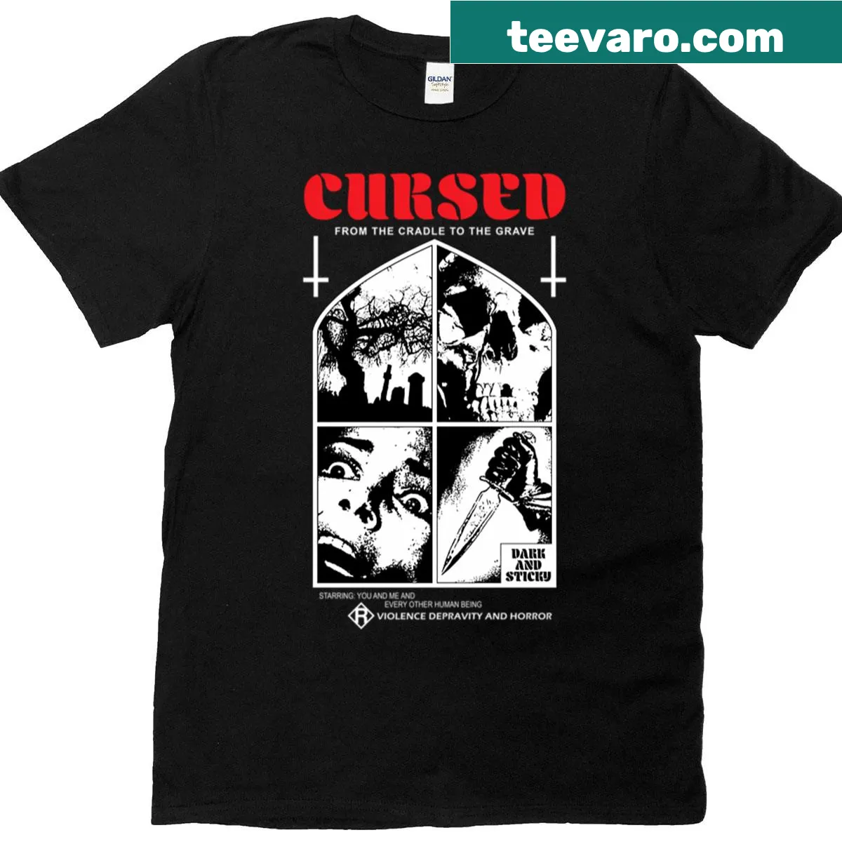Retro-style T-shirt with 'Cursed' and slasher film elements for horror fans. — on a men's t-shirt