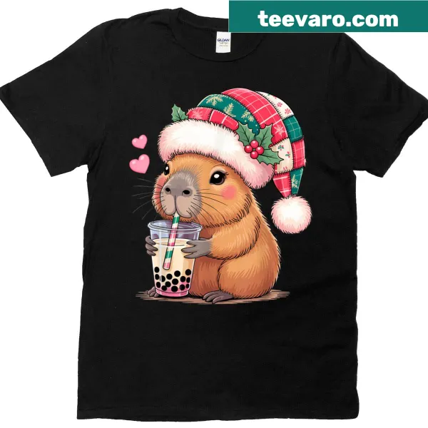 Kawaii capybara in a Santa hat drinking bubble tea illustration