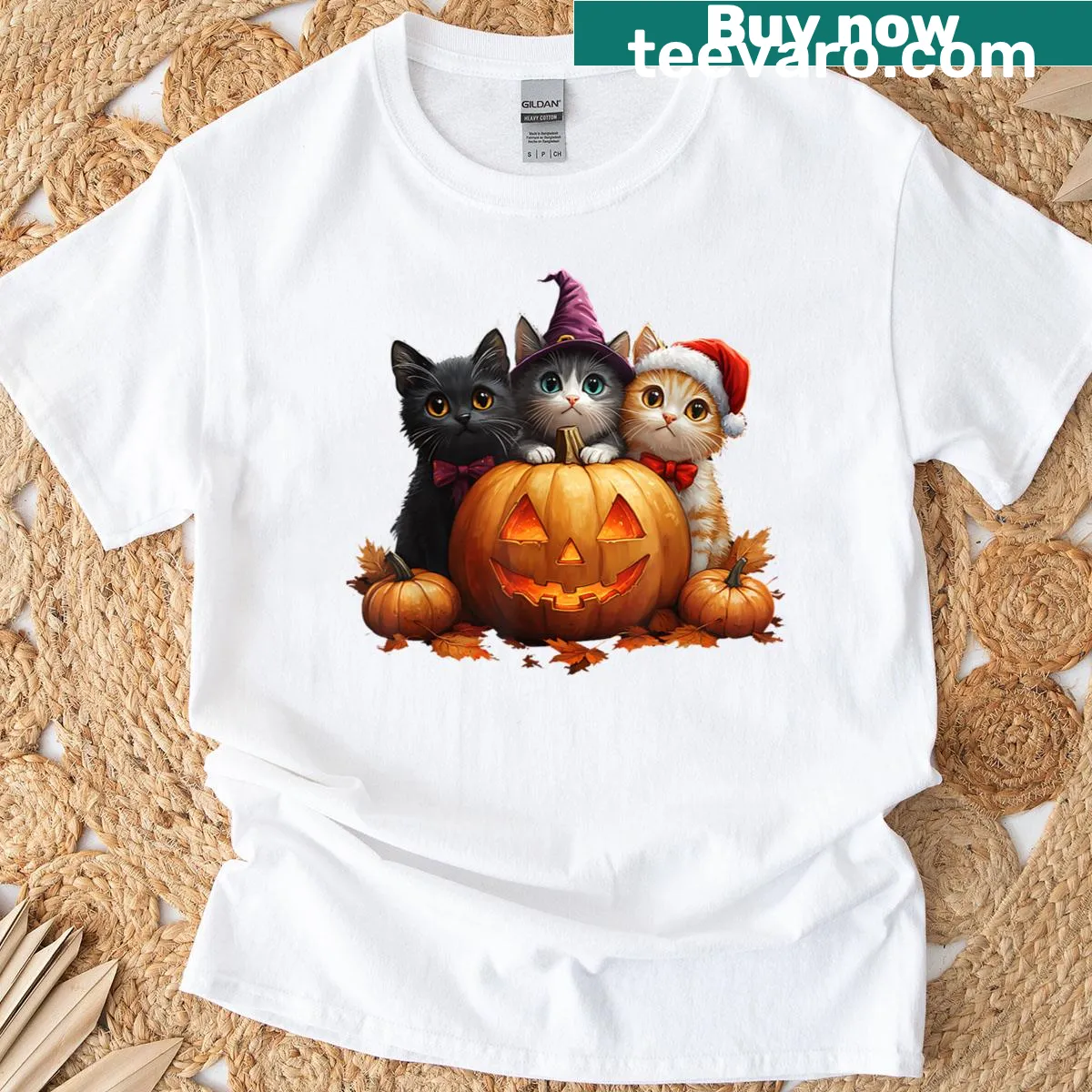 Cute t-shirt featuring a cat on a pumpkin design for fall — on a men's t-shirt