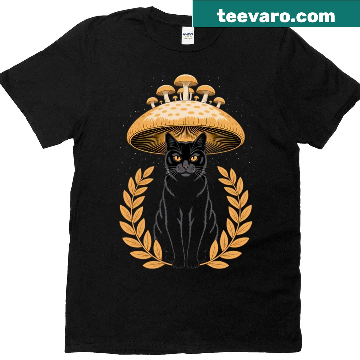 Illustration of a cat with mushrooms in a cottagecore style — on a men's t-shirt