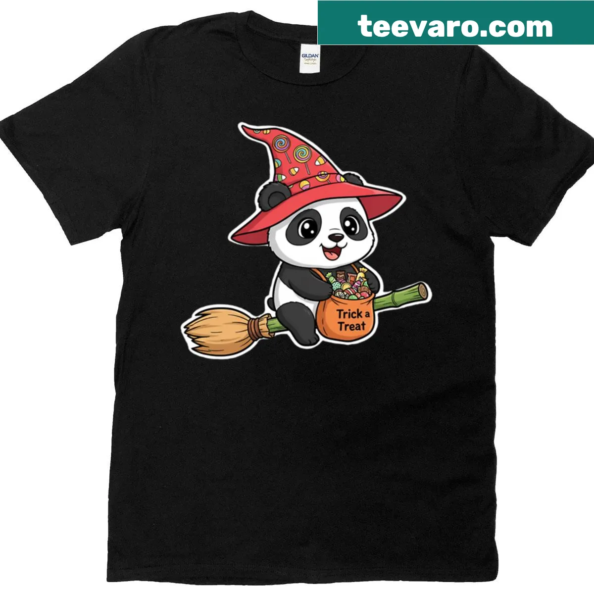 Cute panda witch ready for Halloween on kids' T-shirt — on a men's t-shirt