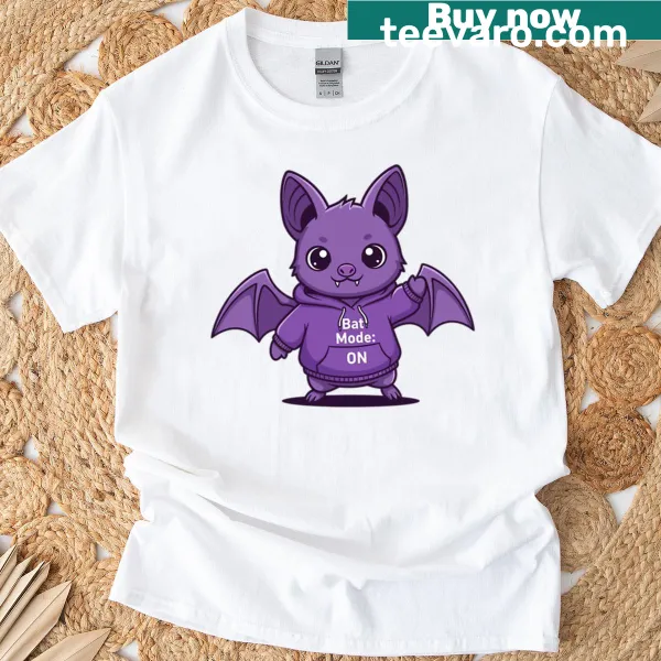 Cartoon T-shirt featuring a cute purple bat with 'Bat Mode On' text