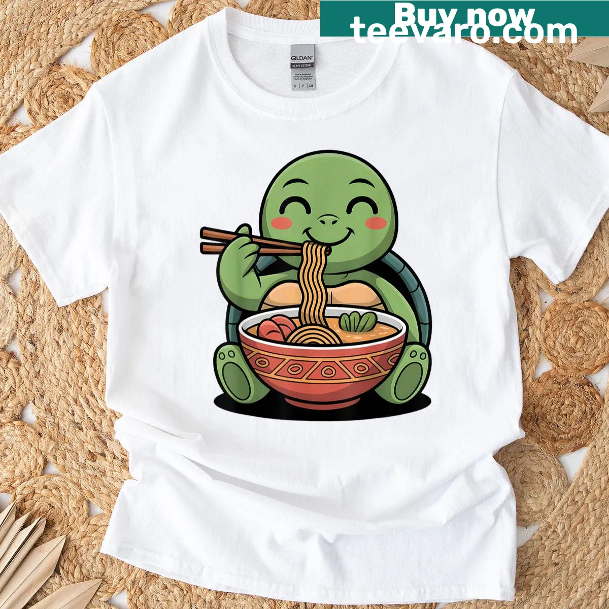 Kawaii turtle eating ramen, perfect for food lovers. — on a men's t-shirt