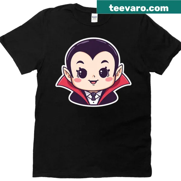 Kawaii vampire illustration on a Halloween-themed t-shirt for kids