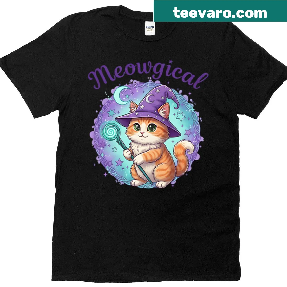 Illustration of a cute wizard cat casting spells — on a men's t-shirt