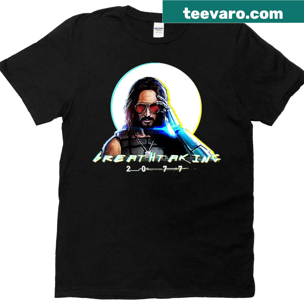 Cartoon Keanu Reeves as Johnny Silverhand from Cyberpunk 2077 — on a men's t-shirt