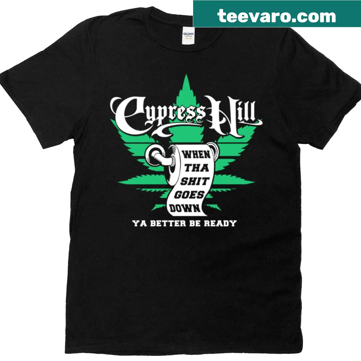 Cypress Hill Shit Goes Down T-shirt with bold typography — on a men's t-shirt