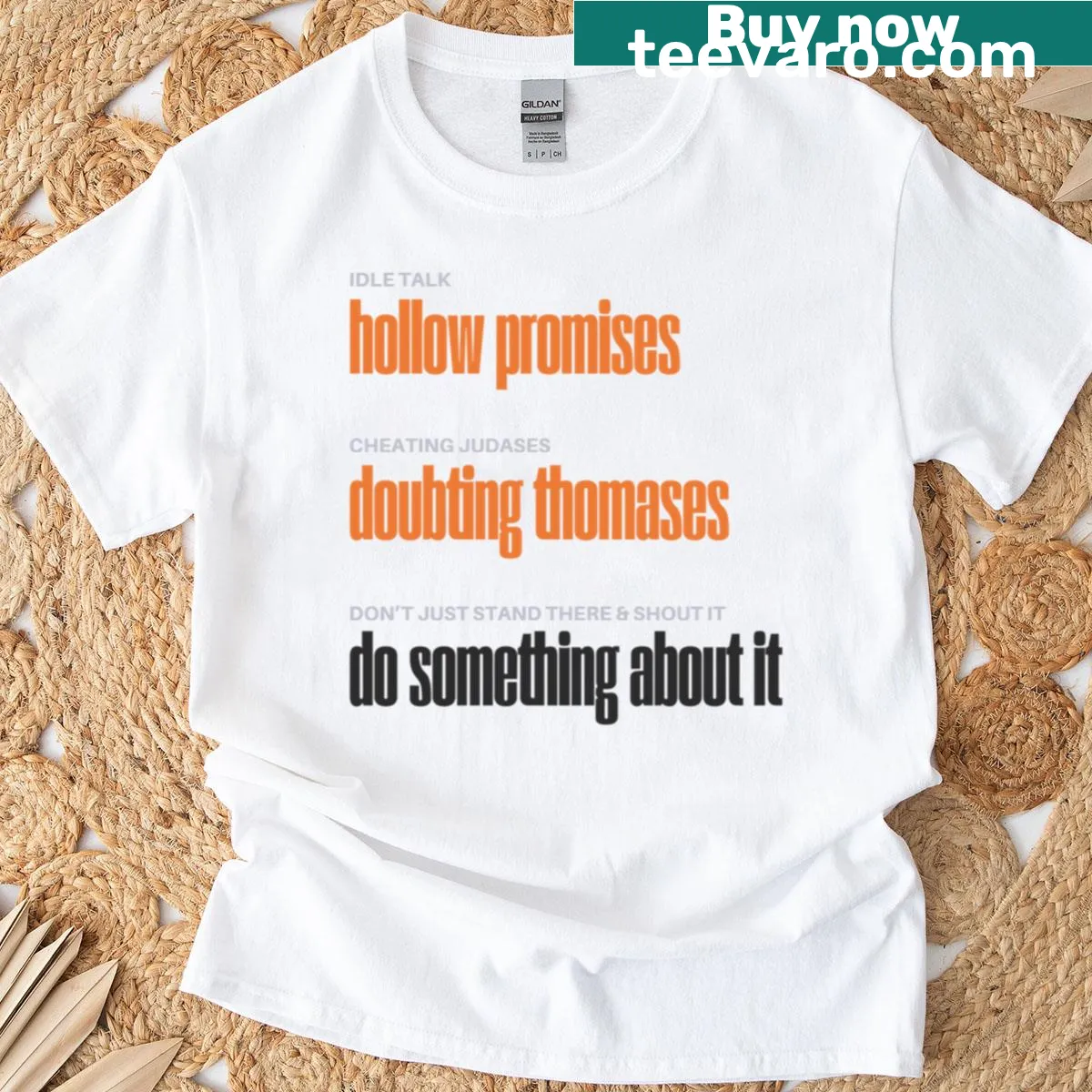 Depeche Mode lyrics t-shirt in orange and black design. — on a men's t-shirt