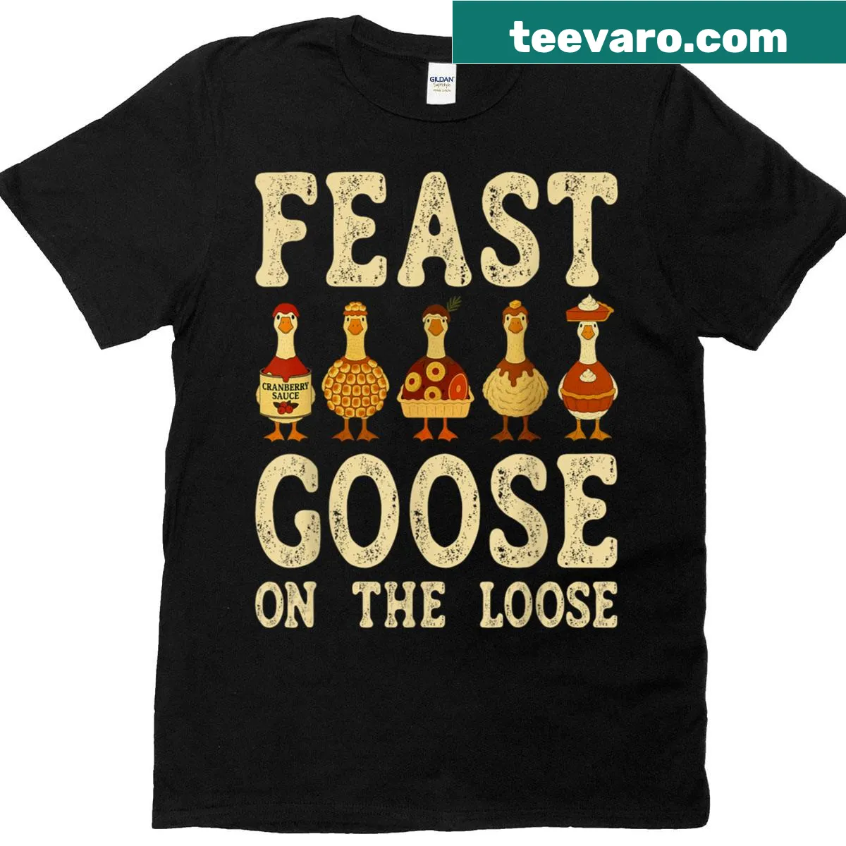 Silly Thanksgiving T-shirt featuring a goose on the loose design — on a men's t-shirt