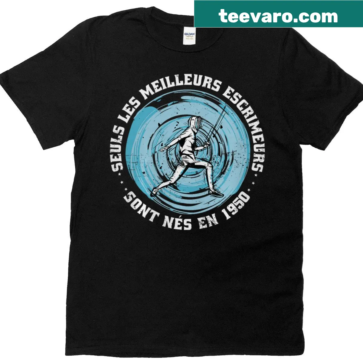Vintage French-fencers fencing birthday t-shirt for enthusiasts born in 1950 — on a men's t-shirt