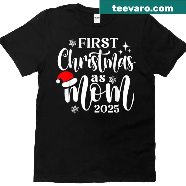 T-shirt celebrating first Christmas as a mom with snowflake design