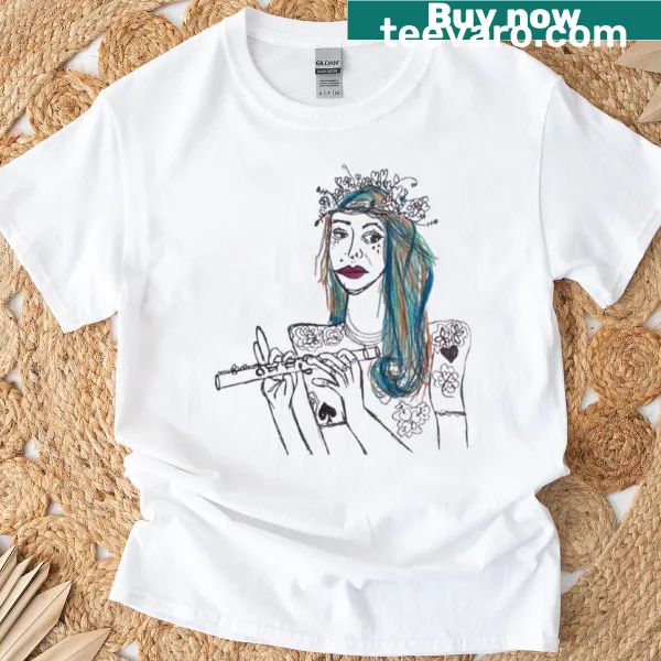 Sketch of a flutist with a flower crown on a t-shirt.