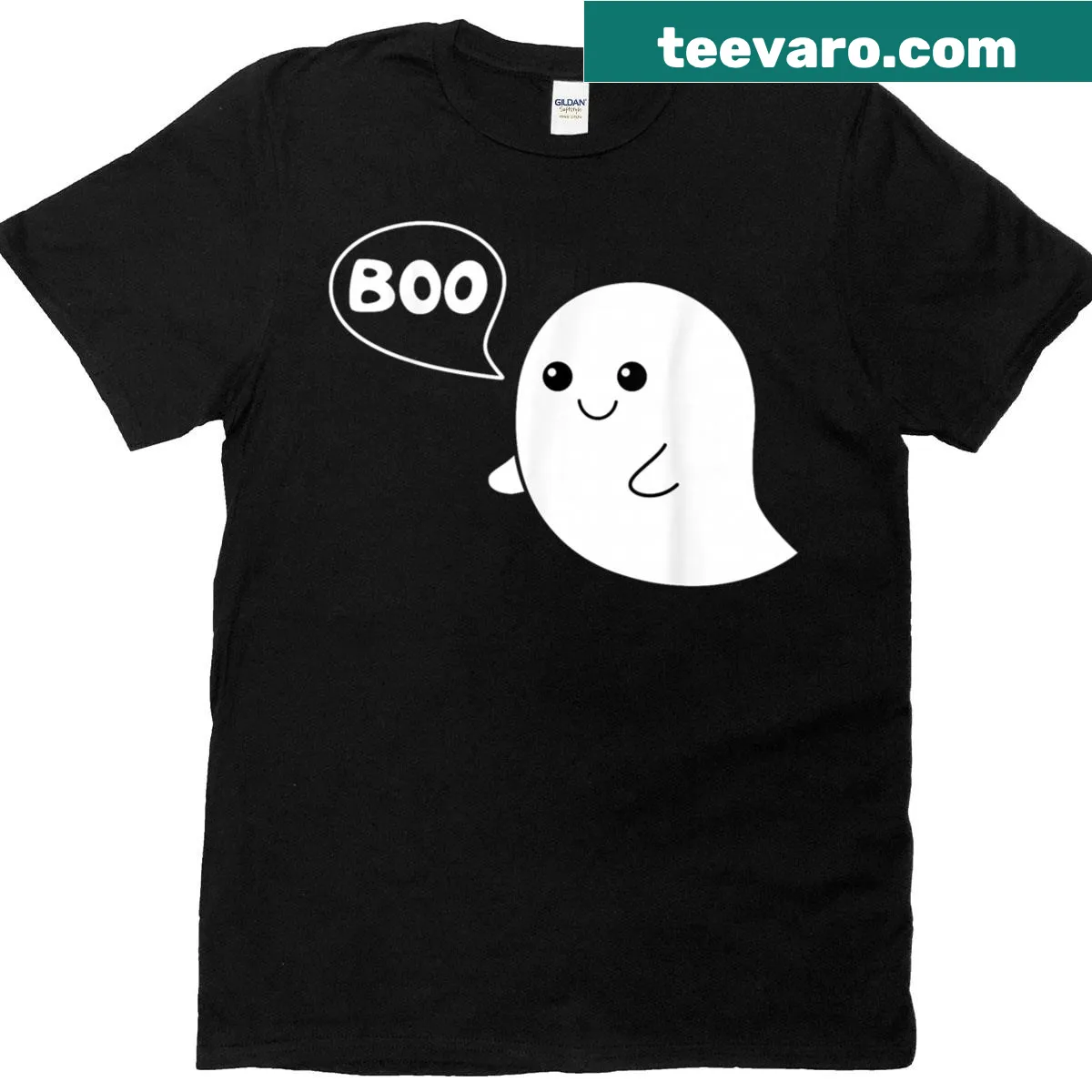Cute ghost illustration with 'Boo' text for Halloween t-shirt — on a men's t-shirt