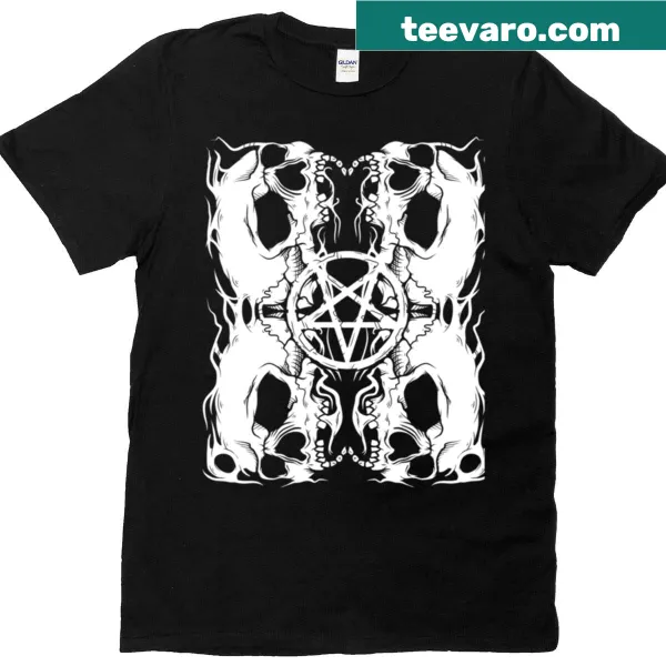 Edgy t-shirt featuring an illustration of four skulls