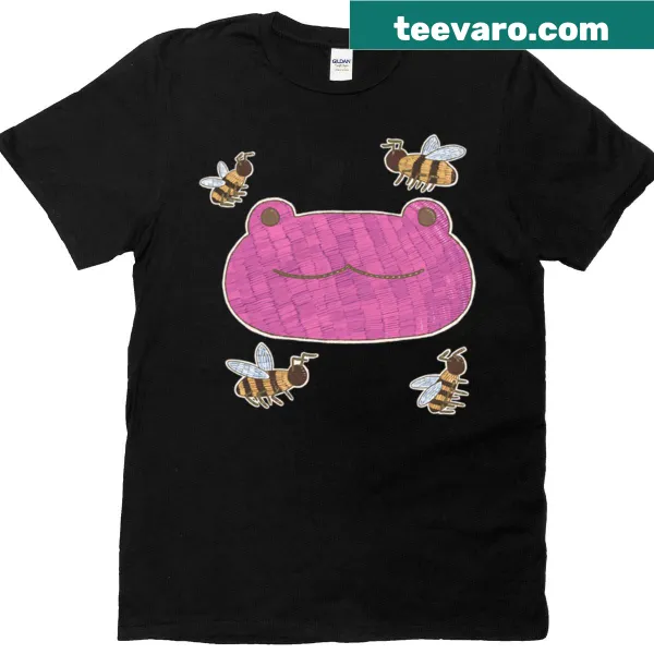Illustration of a frog and bees with embroidery texture on t-shirt