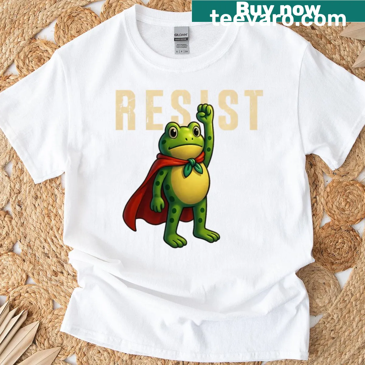 Playful frog activism T-shirt with humorous design — on a men's t-shirt