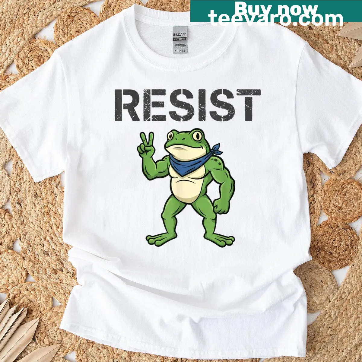 Funny T-shirt featuring cartoon frogs in a protest scene — on a men's t-shirt