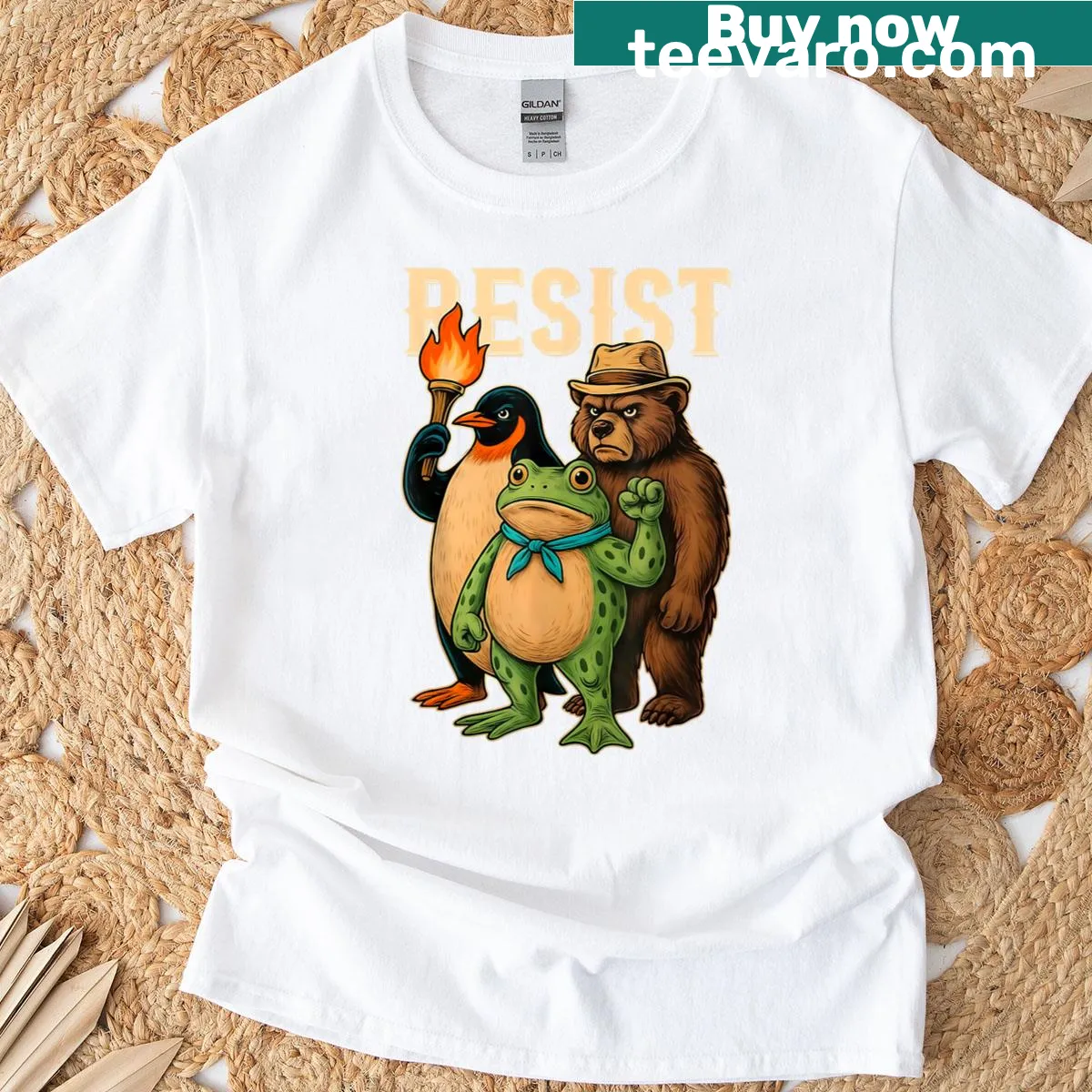 Portland Frog Protest t-shirt with playful frog graphic — on a men's t-shirt
