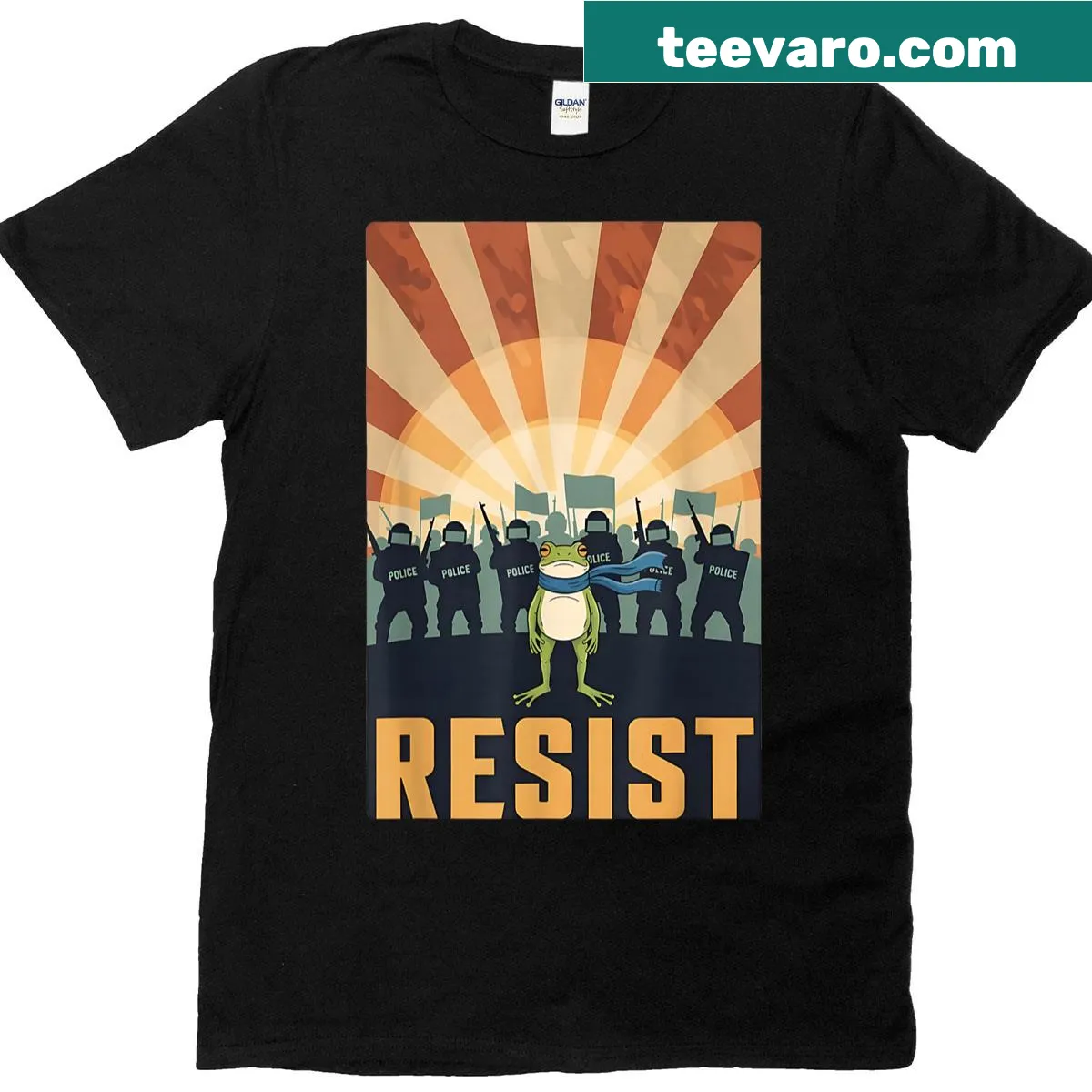 Vintage activist t-shirt with cartoon frogs and protest signs — on a men's t-shirt