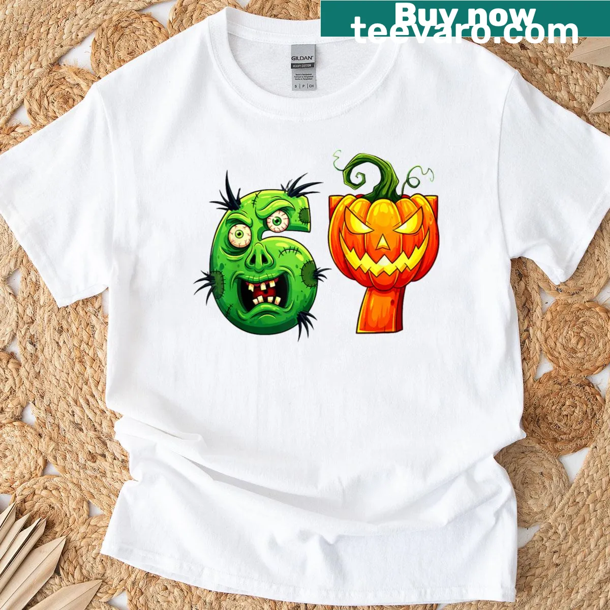 Humorous Halloween T-shirt with zombie pumpkin design and text — on a men's t-shirt