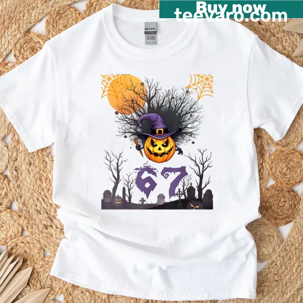 Funny Halloween-themed T-shirt with the numbers 6 and 7