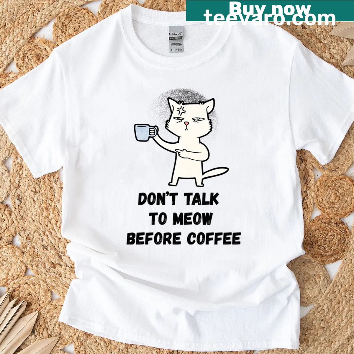 Illustrated shirt of an angry cat holding a coffee cup — on a men's t-shirt