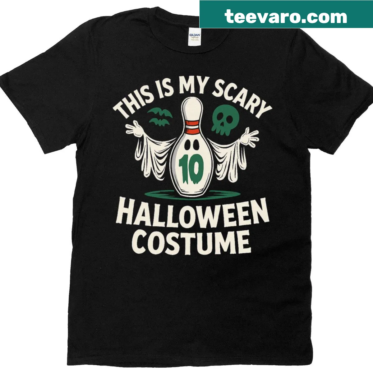Funny ghost bowling graphic for Halloween t-shirt — on a men's t-shirt