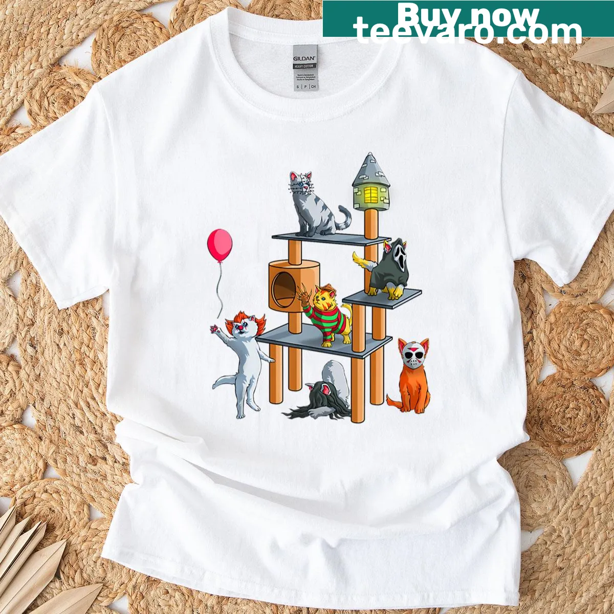 Cute Halloween t-shirt for cat lovers with horror movie themes — on a men's t-shirt