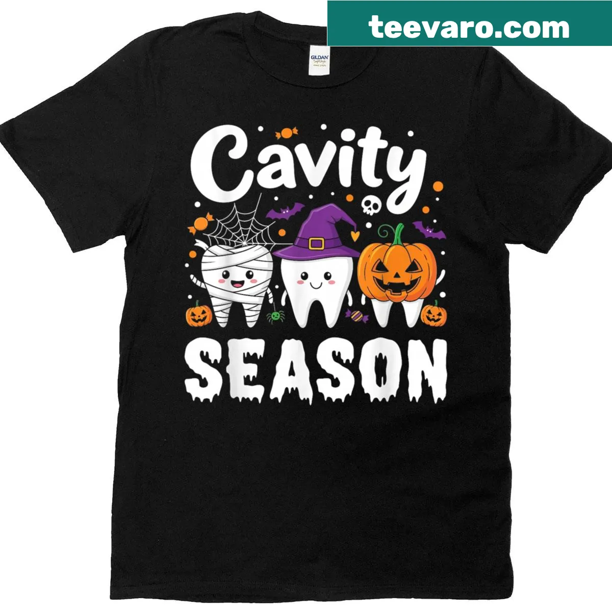 Halloween-themed dentist t-shirt with a humorous cavity design — on a men's t-shirt