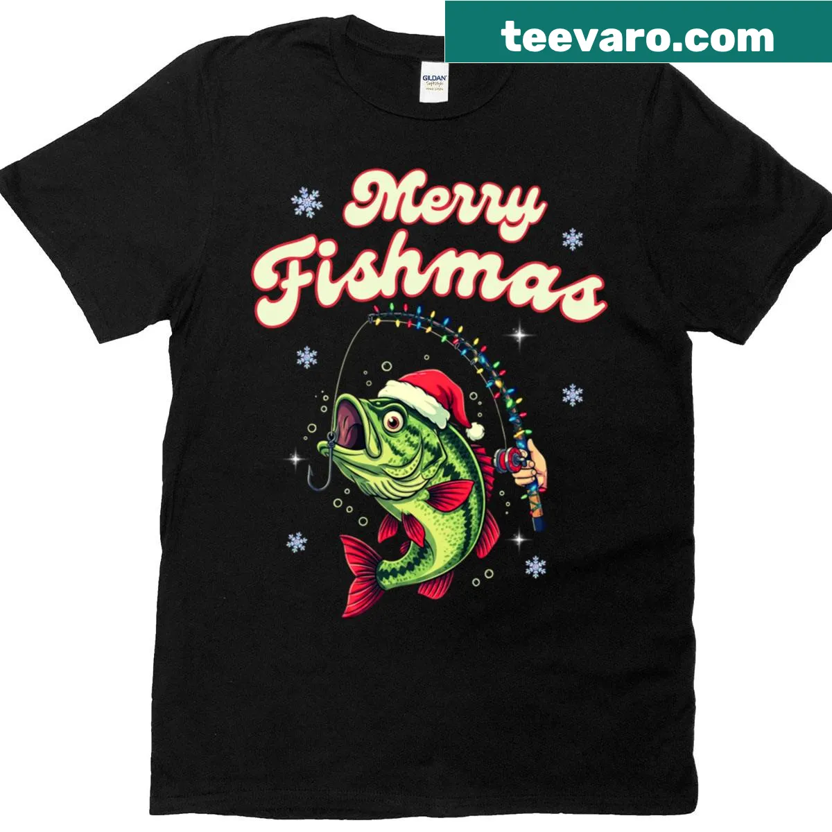 Funny Christmas T-shirt for dads featuring fishing graphics — on a men's t-shirt