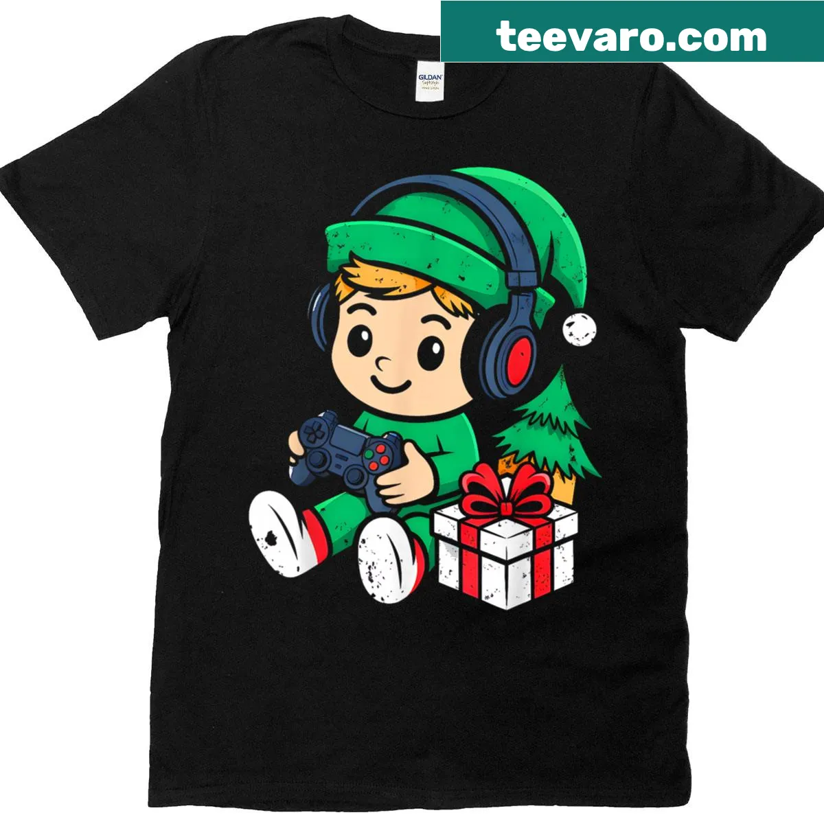 Cartoon elf in gaming gear on Christmas T-shirt — on a men's t-shirt