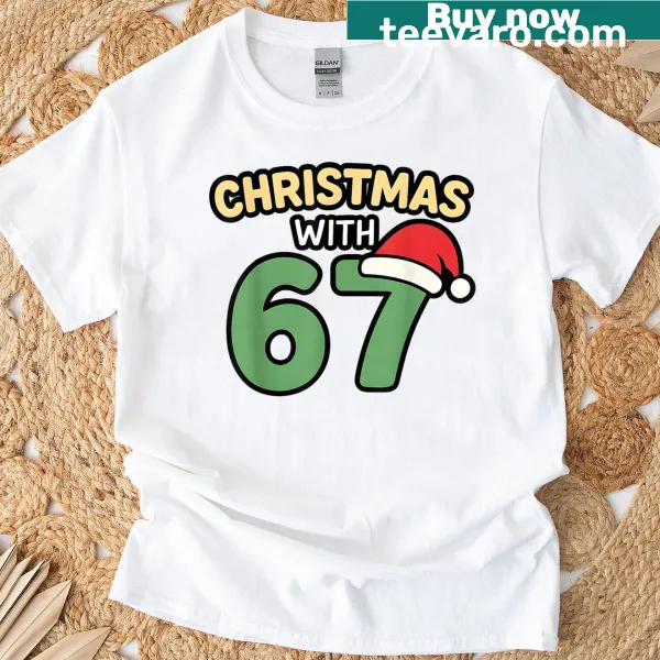 Trendy meme-inspired Christmas t-shirt with humorous '67' graphic.