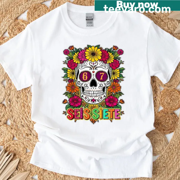Humorous Dia De Los Muertos T-shirt with sugar skull design