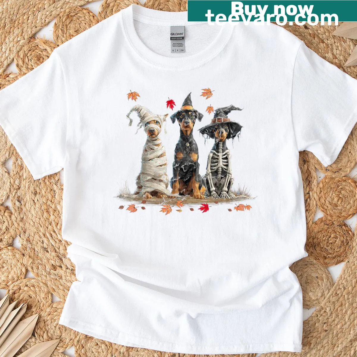 Doberman ghost dogs illustration for Halloween T-shirt — on a men's t-shirt